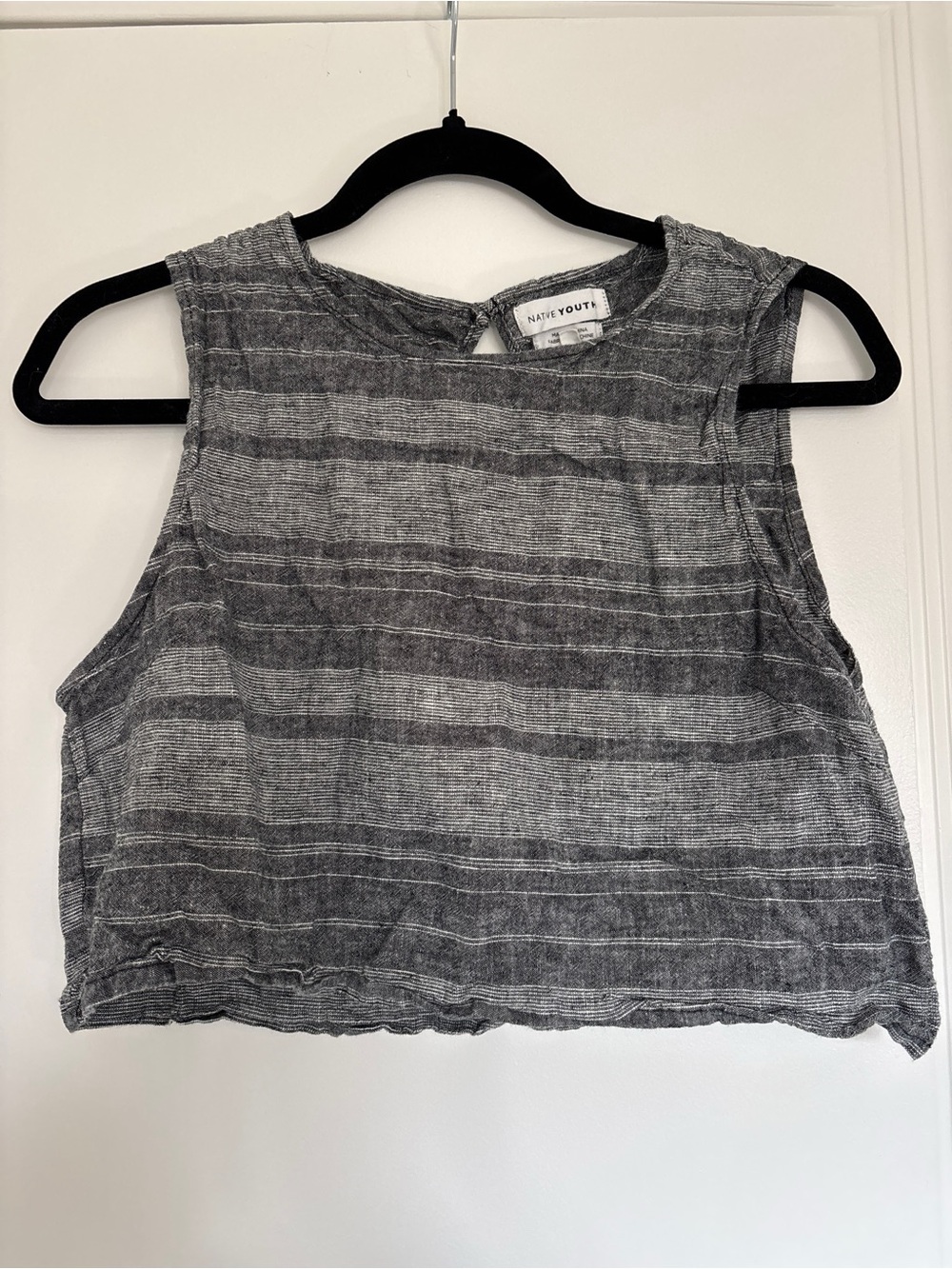 Native Youth Grey Striped Linen Blend High Neck Crop Tank Top